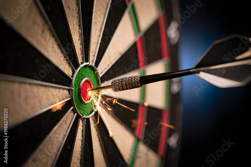 Dartboard with dart hitting the bullseye center target precisely