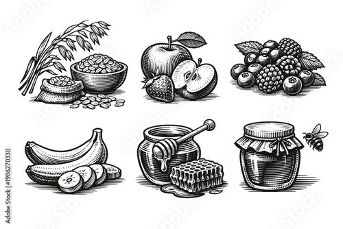 Vintage woodcut style breakfast ingredient icons set including oats, apple, strawberry, mixed berries, bananas, honey jar with honeycomb, and jam pot, hand-drawn engraved vector illustrations.