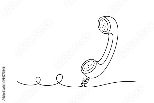 Simple one continuous line drawing of an old vintage landline phone receiver for communication and technology. Minimalist vector illustration of a retro telephone handset with a coiled cord.