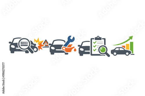 Vehicle History Icons Set Featuring VIN Number Check, Accident Report, Service Maintenance, Professional Car Inspection, and Market Value Evaluation. Flat Vector Illustration for Auto Apps.