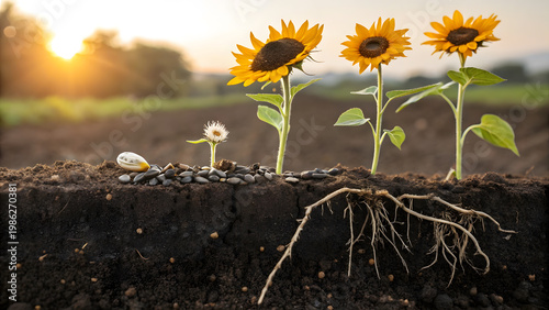 Sunflower growth stages from seed to bloom with sun and roots in soil.
