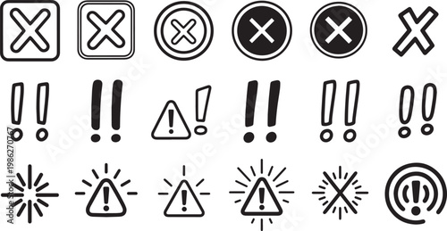 Warning signs and exclamation marks in black and white vector graphics for caution and alertness in modern design