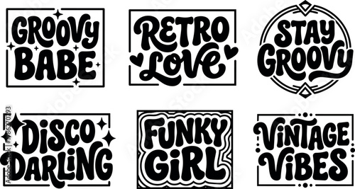 Black and white retro groovy lettering set with funky girl disco darling vibes