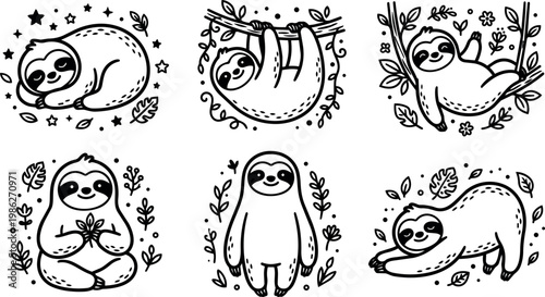 Six playful sloths with leaves stars and flowers