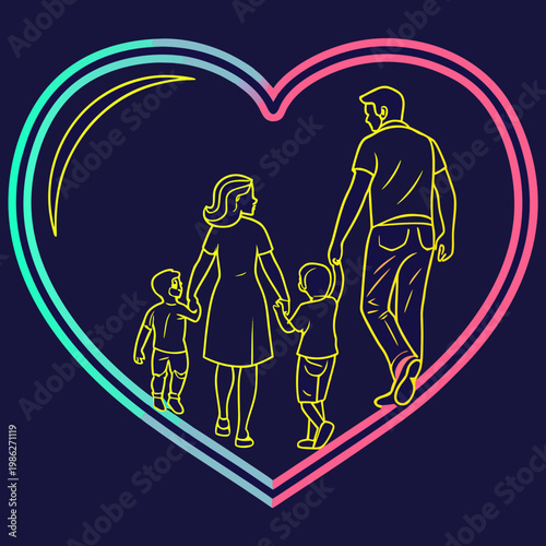 Family walking holding hands in heart.