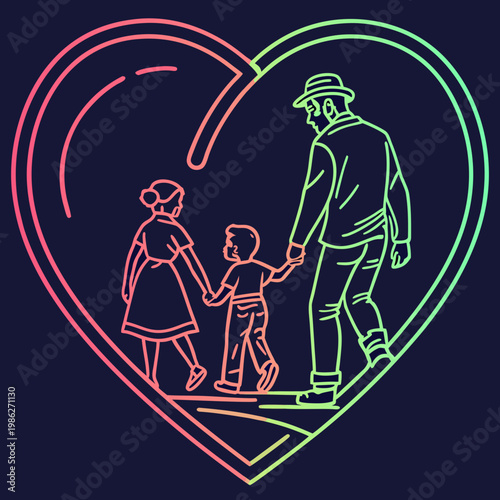 Family walking holding hands in heart.