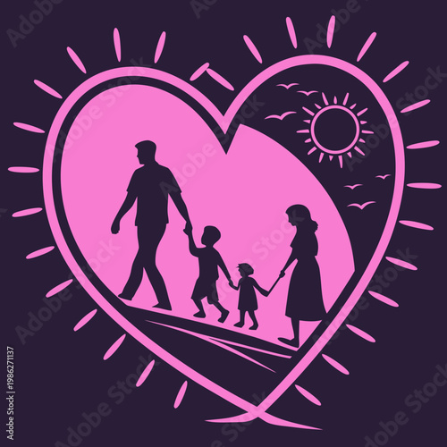 Family walking holding hands in heart.