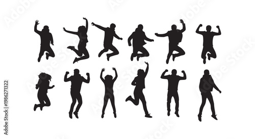 Group of people silhouettes jumping for joy and celebrating isolated on white background active lifestyle.