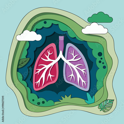 Paper cut lungs in forest with clouds and leaves.