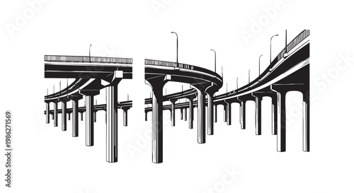Highway overpass bridge architecture silhouette vector illustration urban infrastructure construction design with pillars.