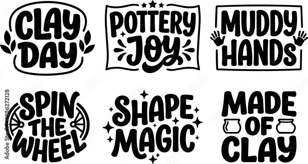 Obraz premium Black and white pottery joy clay day hand lettering phrases with decorative elements