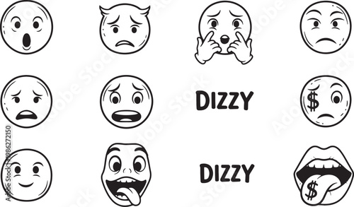 Dizzy emoticon faces in black and white line art on white background for digital design