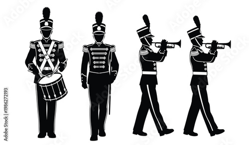 A striking arrangement of four military musicians in full uniform depicted in a stark black design showcasing a bold silhouette high quality professional detailed