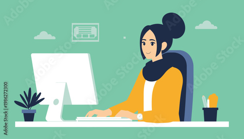 woman sitting at desk with computer and plant.