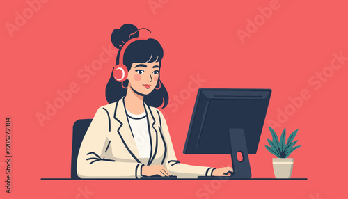 Woman wearing headset working on computer.
