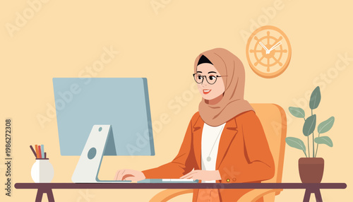 woman working on computer at desk.