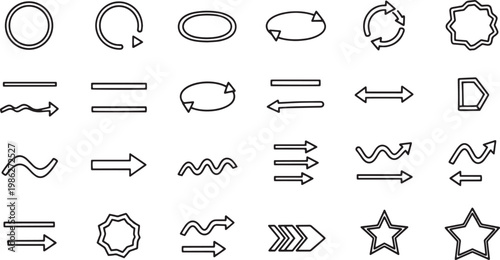 Black arrows and shapes icons set in line art style on white background for graphic design