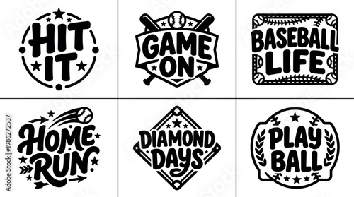 Black script lettering baseball phrases hit it game on home run diamond days play ball life