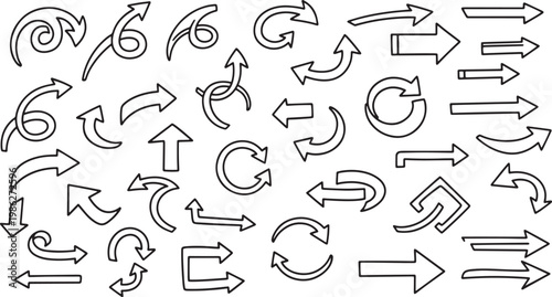 Black arrows collection in line art style on white background for graphic design