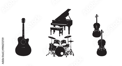 Musical instrument silhouettes including acoustic guitar grand piano drum kit and violin set against white background.