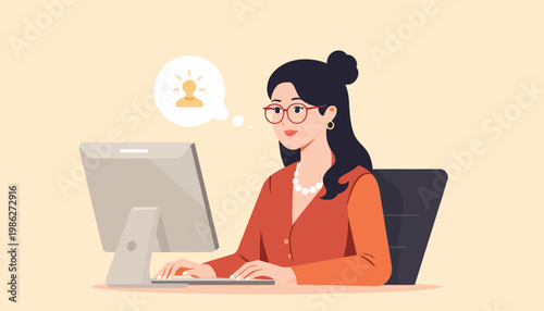 woman sitting at desk with computer and thinking about a person.