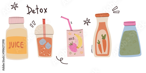 Hand drawn detox drinks set. Healthy smoothies, fresh juices, organic fruit beverages in bottles and glasses. Vector flat illustration.