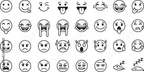 Emoticon faces in minimalist line art on white background for digital design