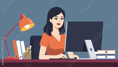 woman sitting at desk with computer.