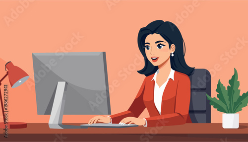 woman working on computer at office desk.