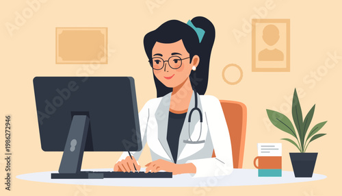 Female doctor working on computer.