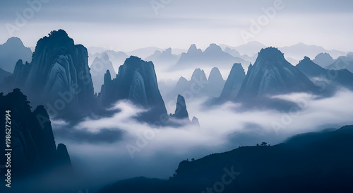 Mystical mountain peaks emerging from a sea of clouds