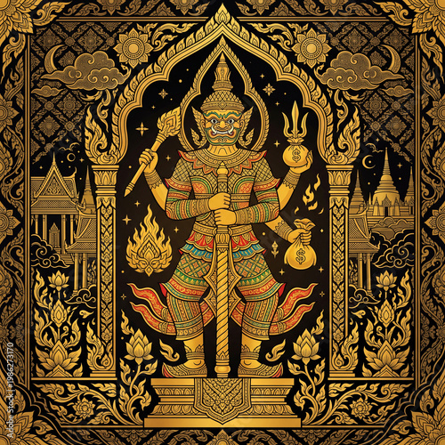 Detailed flat art vector illustration of a traditional Thai giant (Yaksha / Thao Vessavana) holding a club, acting as a temple guardian