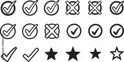 Checkmarks and stars icons in black and white minimalist style for business quality rating and approval for web design