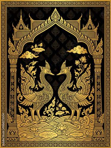 Detailed flat art vector illustration of a traditional Thai temple window featuring two symmetrical golden mythical birds (Hongsa / Hamsa) facing each other. Designed with intricate Kanok patterns, lo