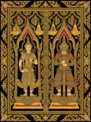Detailed flat art vector illustration of traditional Thai temple doors featuring Dvarapala (door guardians). The double doors showcase a Thai deity (angel) and a Yaksha (giant demon) standing inside o