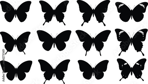 Butterfly silhouettes set with various wing shapes isolated on white background for nature, insect, decorative and tattoo design concepts