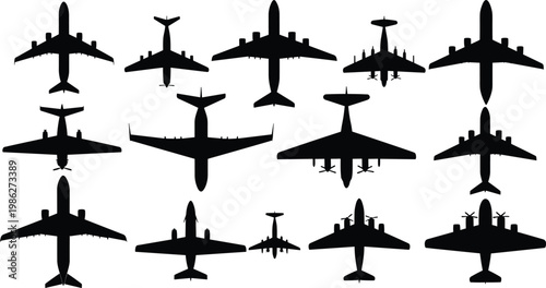 Airplane silhouettes set with various aircraft views isolated on white background for aviation, travel, transportation and flight design concepts