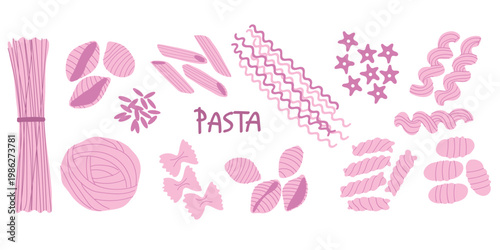 Pink pasta types set. Hand drawn vector illustration of spaghetti, penne, fusilli, farfalle and macaroni. Italian food collection