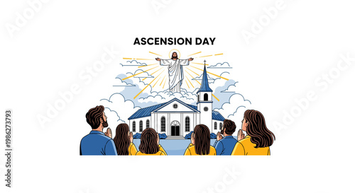 Ascension day celebration with people praying and church in background