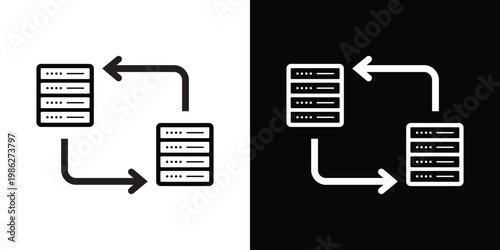 Network server icon with transfer arrows, illustrating database synchronization, hosting backups, cloud computing storage, and information flow between data centers.