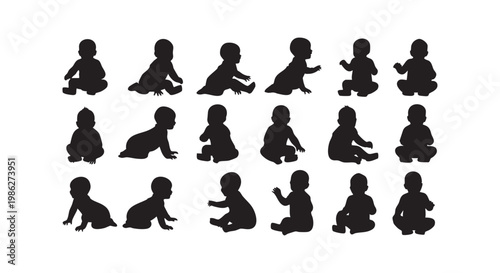 Set of baby silhouettes in various sitting and crawling poses isolated on white background, childhood, innocent.