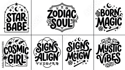 Black and white zodiac soul signs magical cosmic girl mystic vibes handwritten lettering