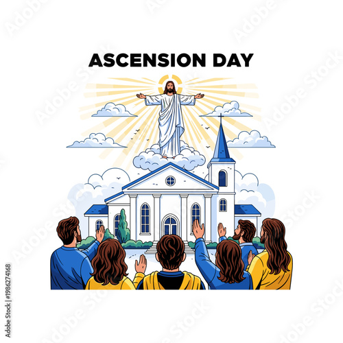 Ascension day religious with jesus ascending to heaven and disciples below religion clouds