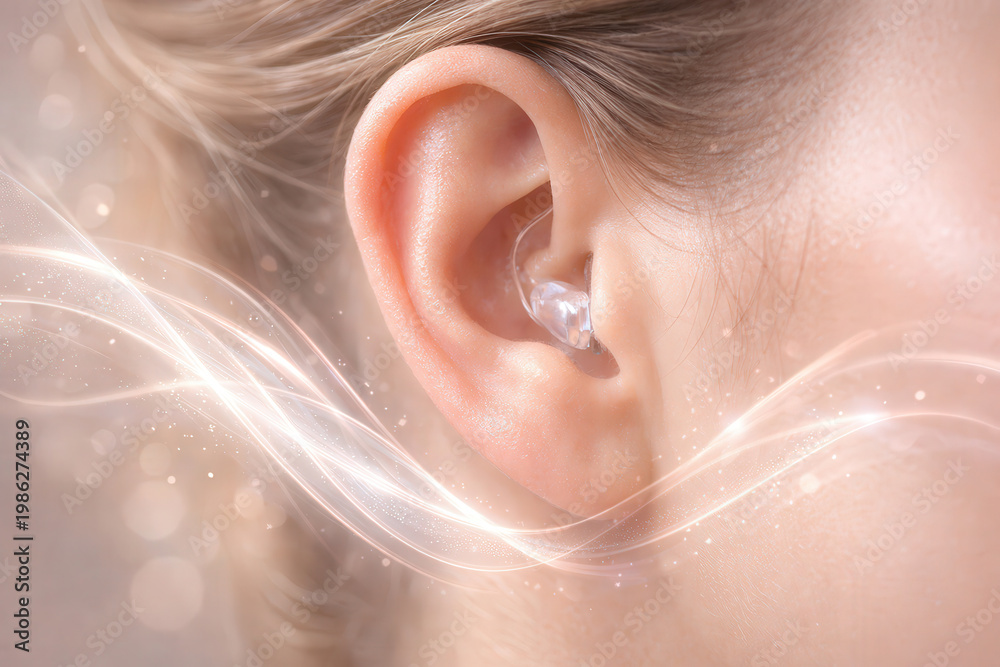 Fototapeta premium Macro beauty shot of a woman's ear with a nearly invisible hearing aid, glowing softly, surrounded by abstract flowing light waves representing sound, translucent particles,