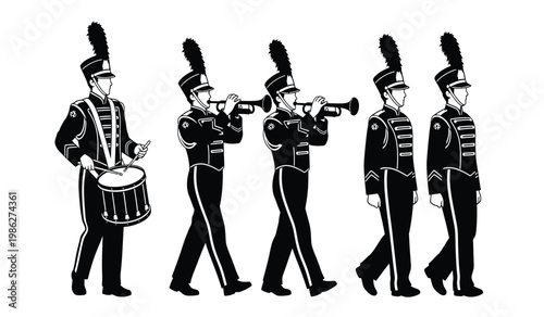 A striking black and white depiction features a marching band formation with musicians playing brass instruments and drums presented as a silhouette high quality