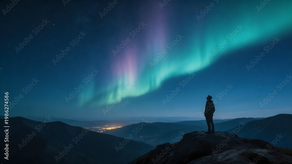 Fototapeta premium Person standing on mountain under northern lights