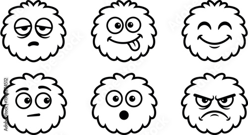 Cartoon round fluffy faces showing different emotions and expressions in black and white line art