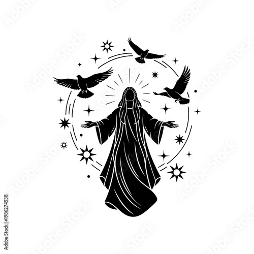 Black and white of a woman with wings and stars