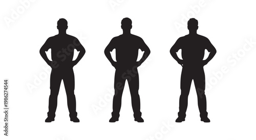 Set of three standing man silhouettes with hands on hips, showcasing confident and ready stances isolated on white.