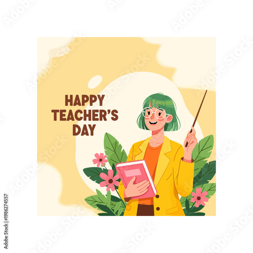 Happy teacher's day greeting with apple, books, flowers and chalkboard in bouquet